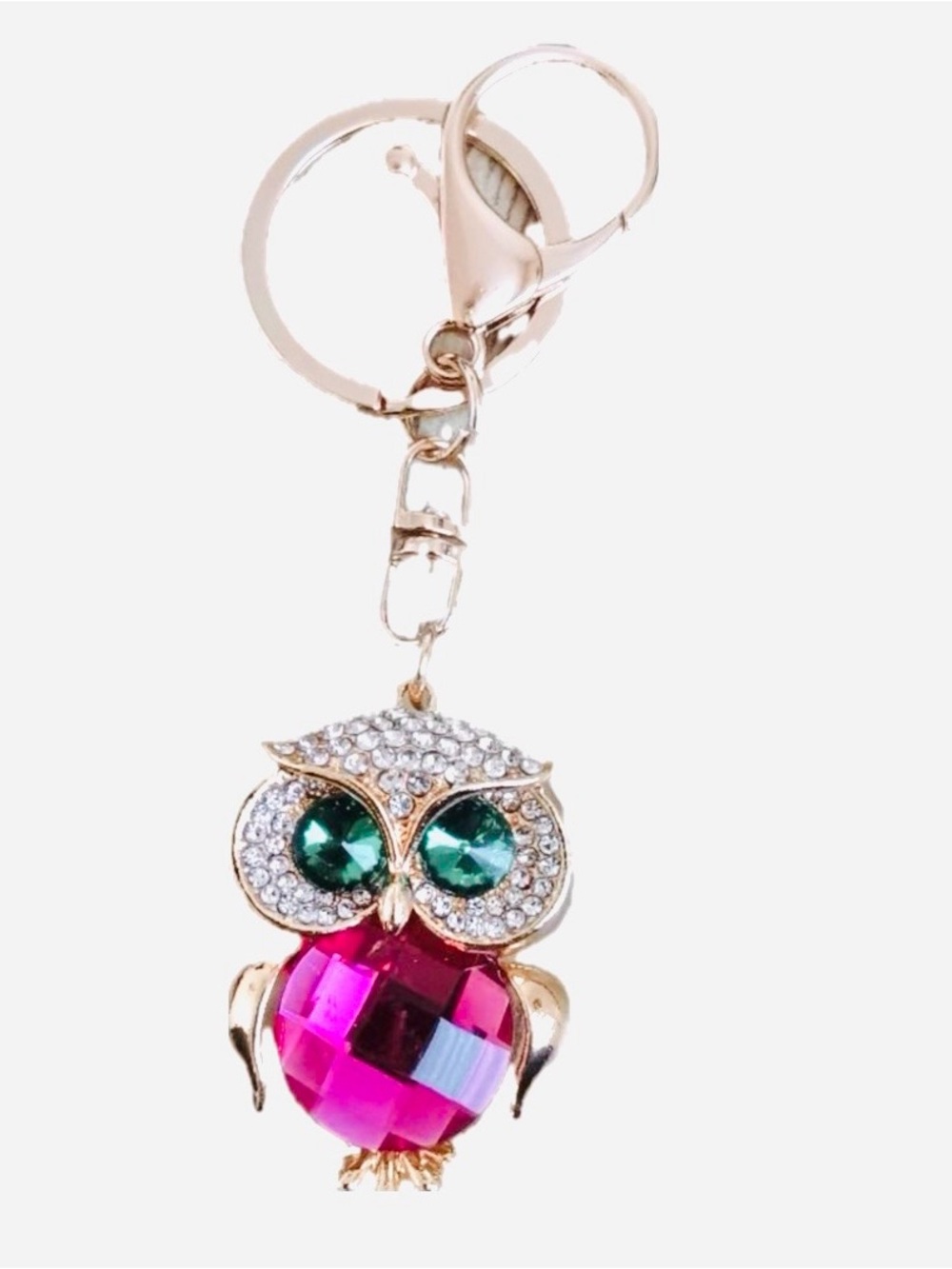 Crystal Owl Keychain with Pink Gem and Green Eyes gold tone bag charm NEW